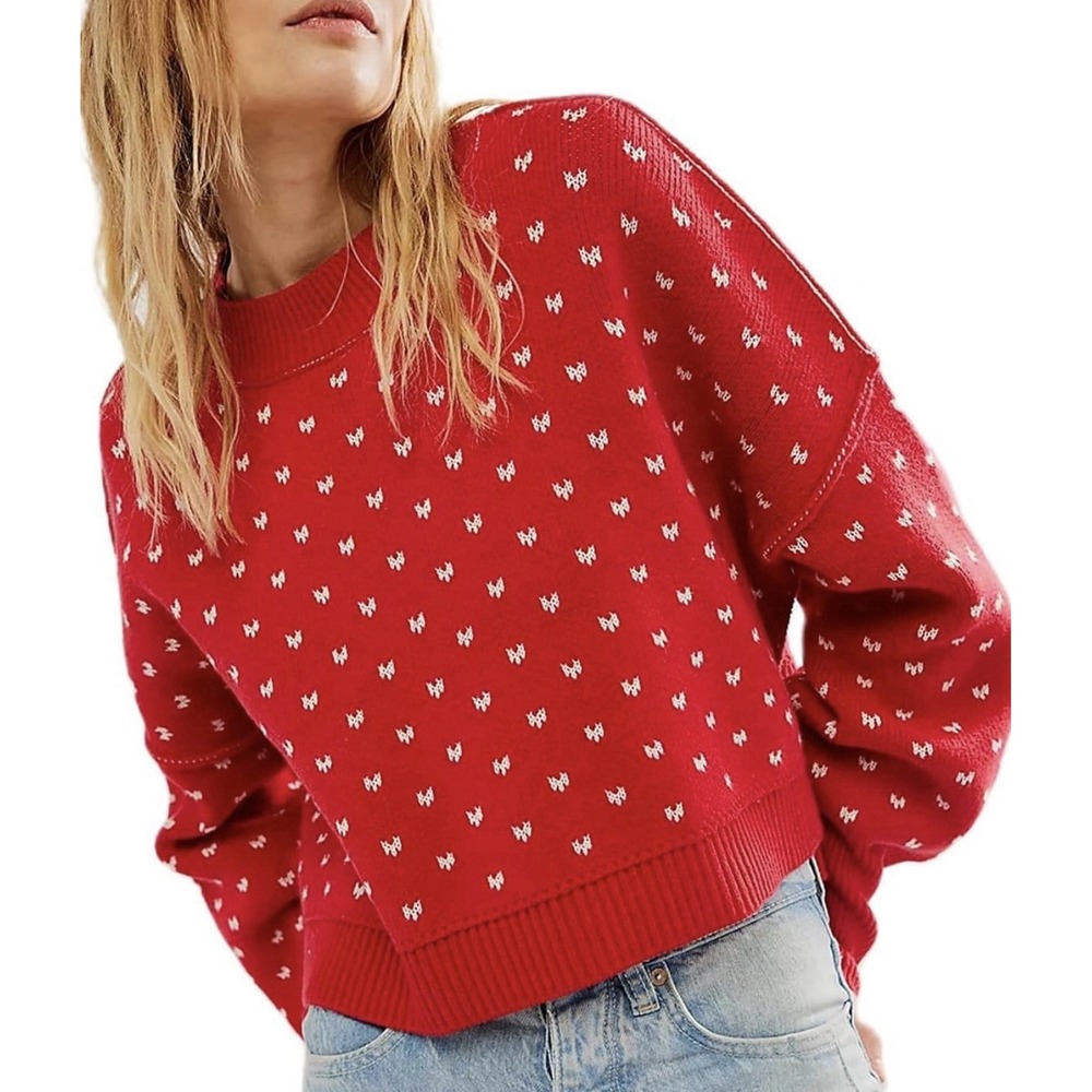 Womens Medium Red Polka Dot Cropped Chunky Knit Crewneck Pullover Sweater